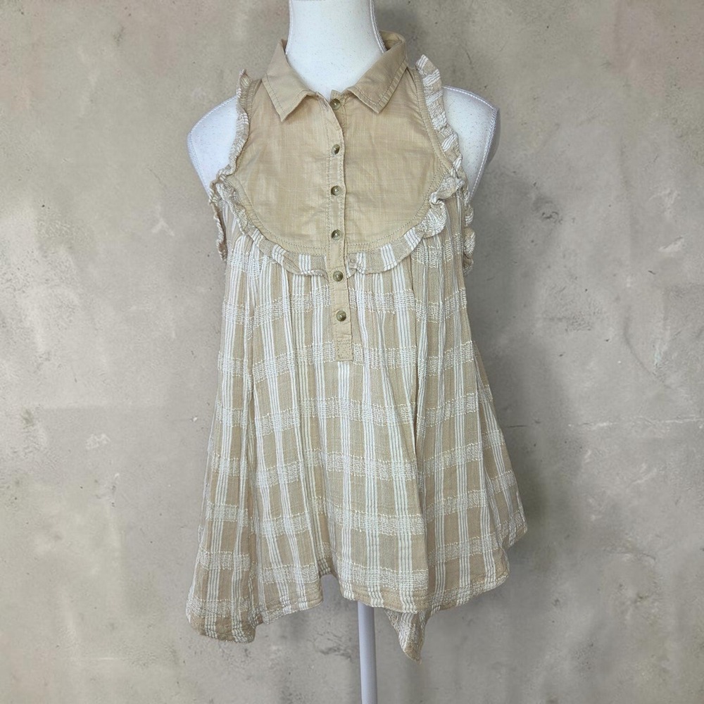 Pilcro Anthropologie Tan White Plaid Ruffle Sleeveless Button Tunic Top Small